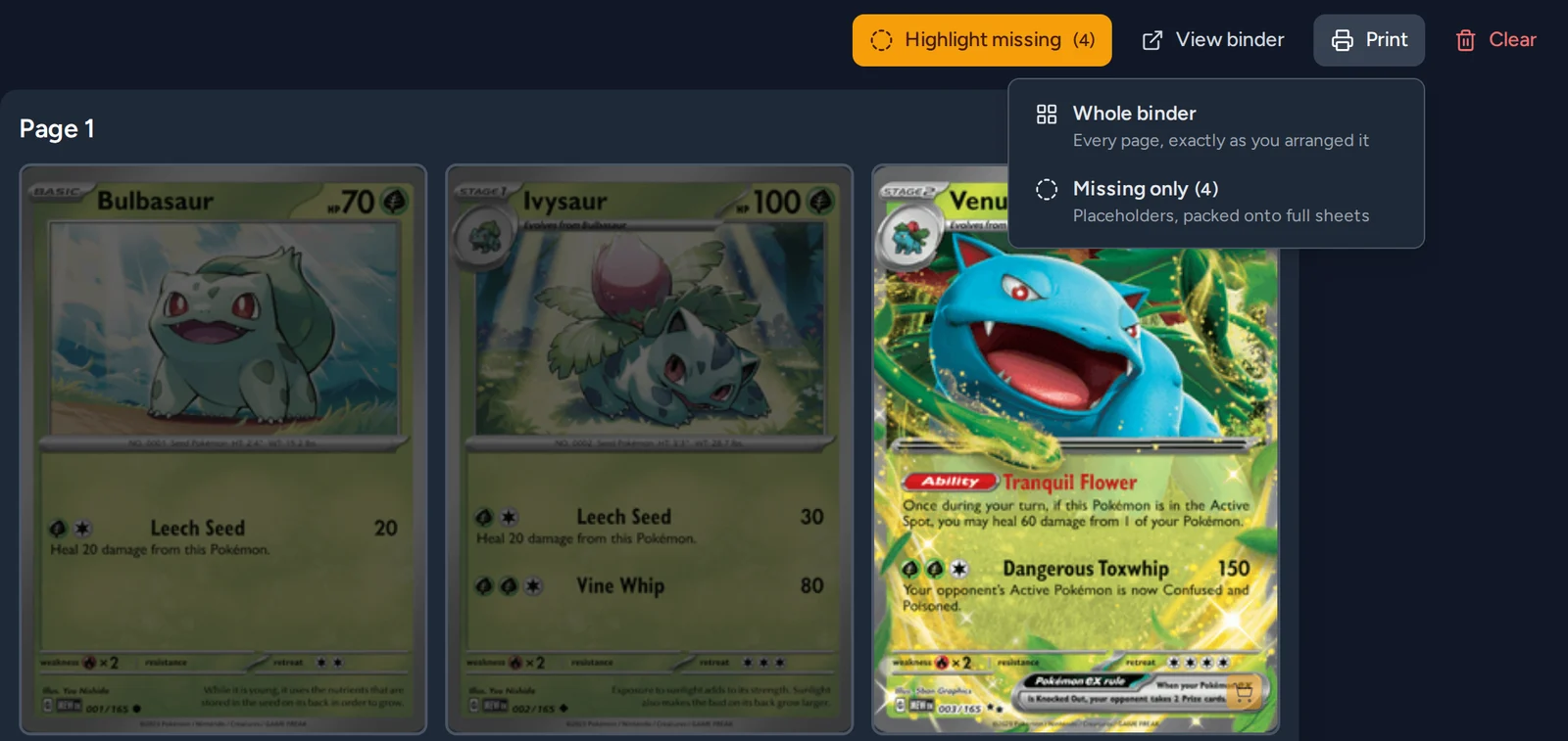 Pokébinder's print menu showing "Whole binder" and "Missing only (4)", over a page of Kanto starters where the four missing cards are highlighted